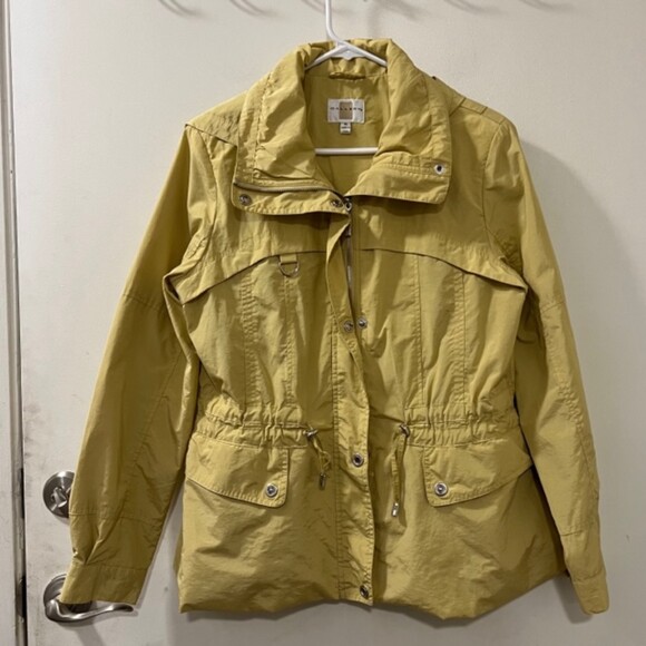 Gallery Yellow Gold Hooded Cotton Nylon Drawstring Waist Rain Jacket Size Medium - Picture 3 of 10
